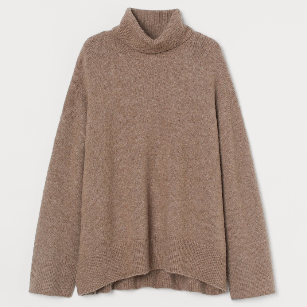 H&M Women M Dark Beige Wool-Blend Relaxed Fit Pullover Turtleneck Sweater NWT